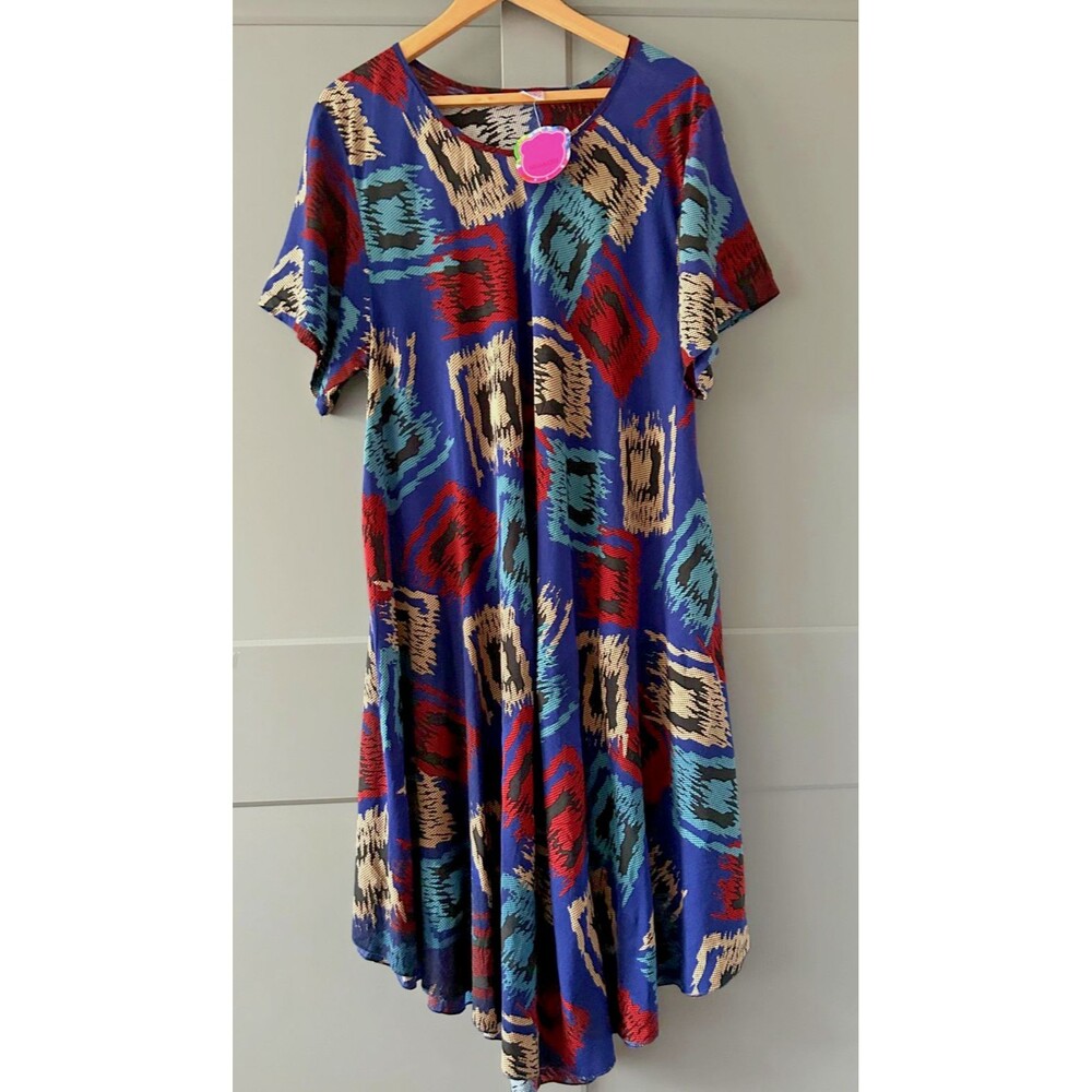 Wmens 2XL Navy Blue Print Cotton Midi House Dress Short Sleeve Casual Dress Boho